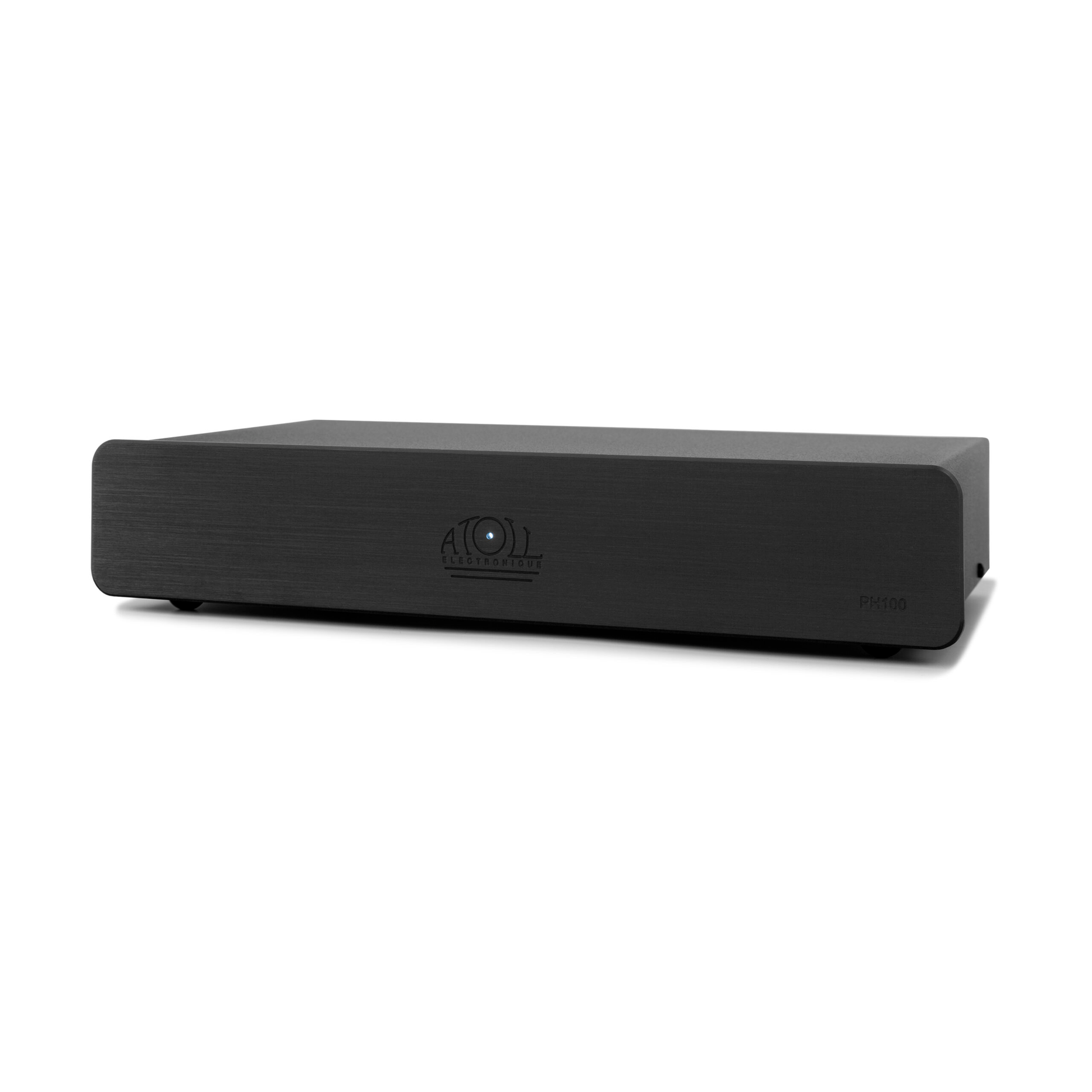 Atoll PH100 Phono-Vorverstärker Schwarz Schrägansicht im flachen Gehäuse, für MM- und MC-Tonabnehmer