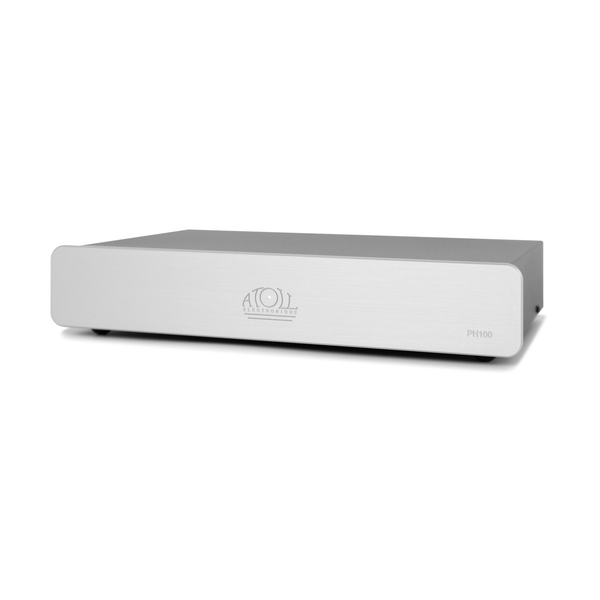 Atoll PH100 Phono-Vorverstärker Silber Schrägansicht im flachen Gehäuse, für MM- und MC-Tonabnehmer
