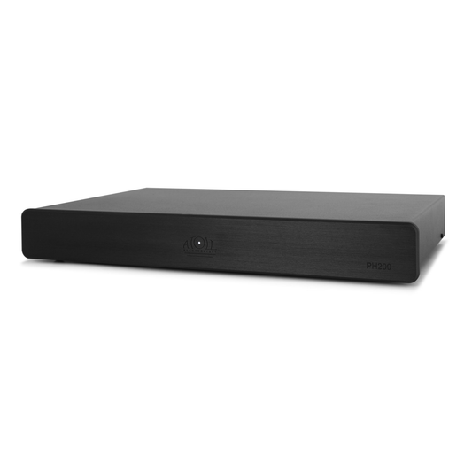 Atoll PH200 Phono-Vorverstärker Schwarz Schrägansicht mit flachem Gehäuse und Atoll-Logo, MM und MC