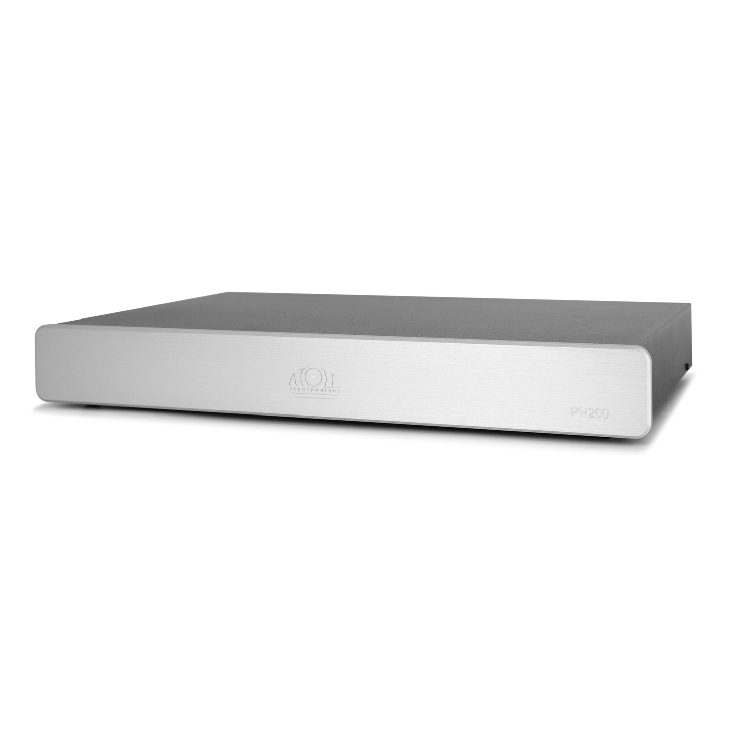 Atoll PH200 Phono-Vorverstärker Silber Schrägansicht mit flachem Gehäuse und Atoll-Logo, MM und MC