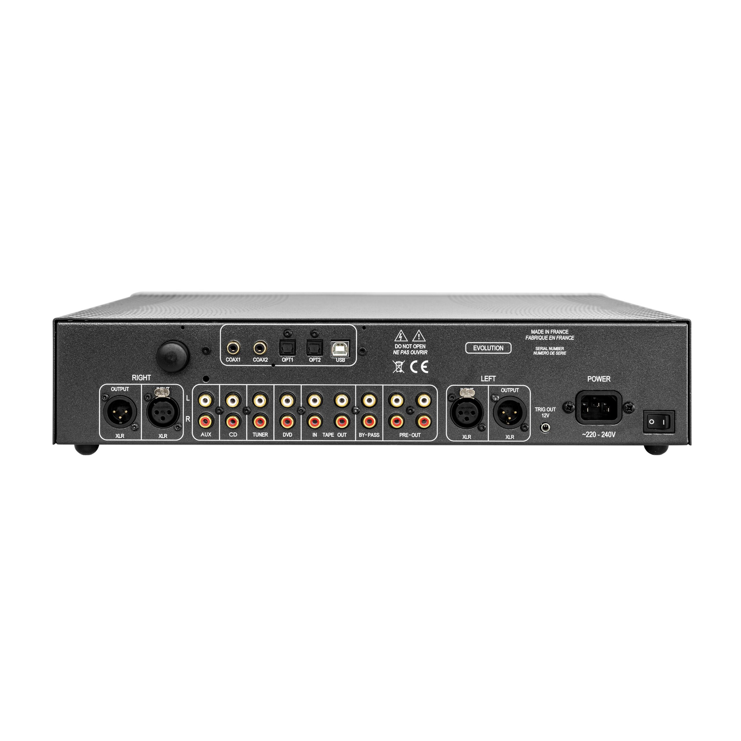 Atoll PR300 Evolution Vorverstärker Rückansicht, Anschlussfeld mit Line-Eingängen und Ausgängen in XLR und Cinch