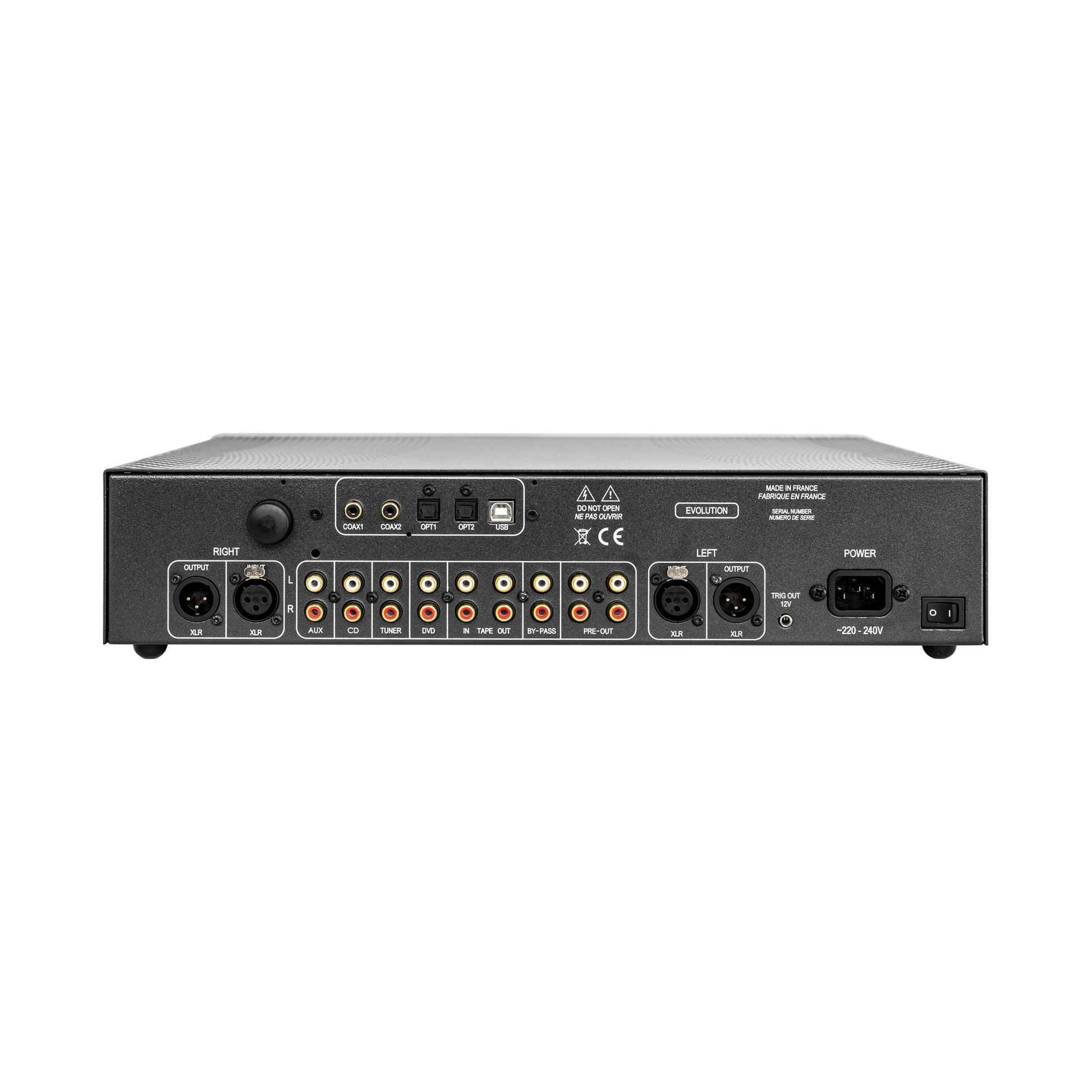 Atoll PR300 Evolution Vorverstärker Rückansicht mit XLR- und Cinch-Eingängen sowie symmetrischen Ausgängen