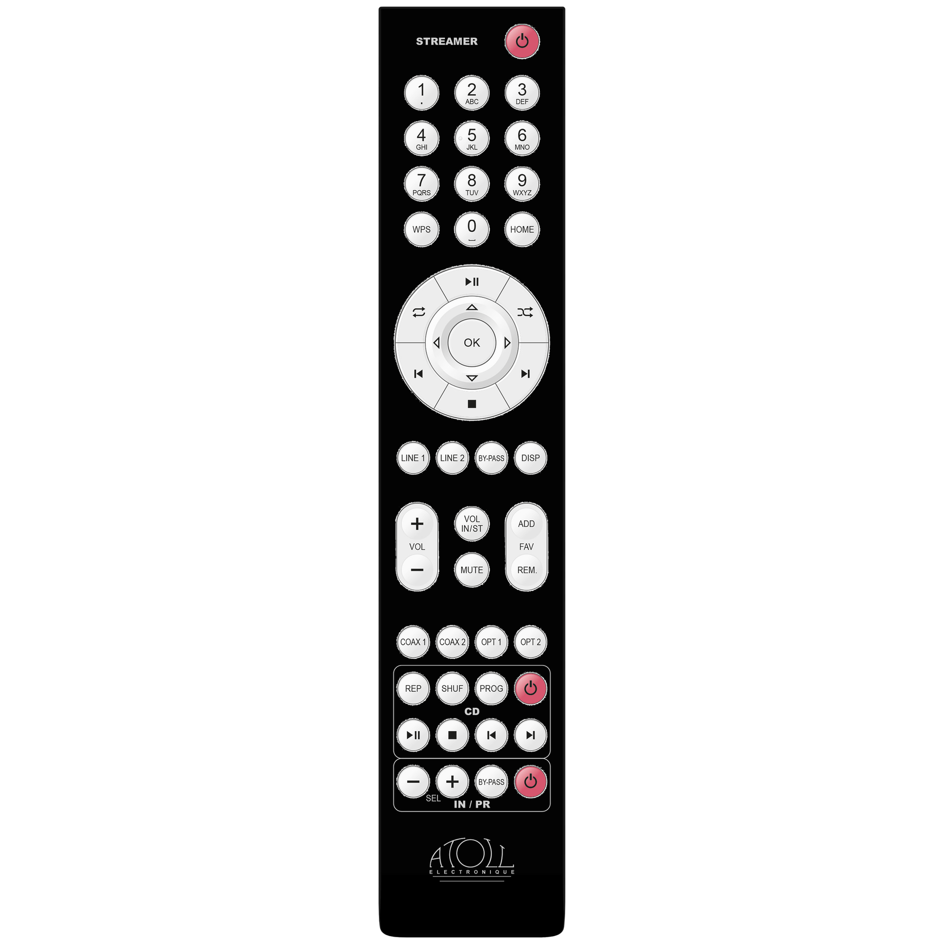 Atoll SDA200 Signature Streaming-Verstärker mitgelieferte Systemfernbedienung mit Quellen- und Navigationstasten