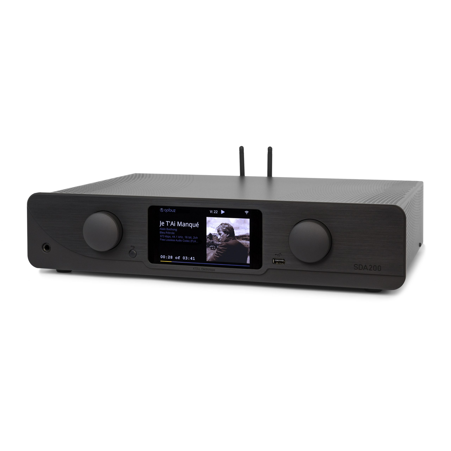 Atoll SDA200 Signature Streaming-Verstärker Schwarz Schrägansicht mit Farbdisplay und Lautstärkeregler