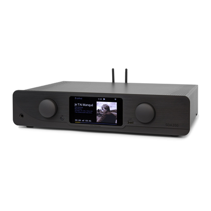 Atoll SDA200 Signature Streaming-Verstärker Schwarz Schrägansicht mit Farbdisplay und Lautstärkeregler