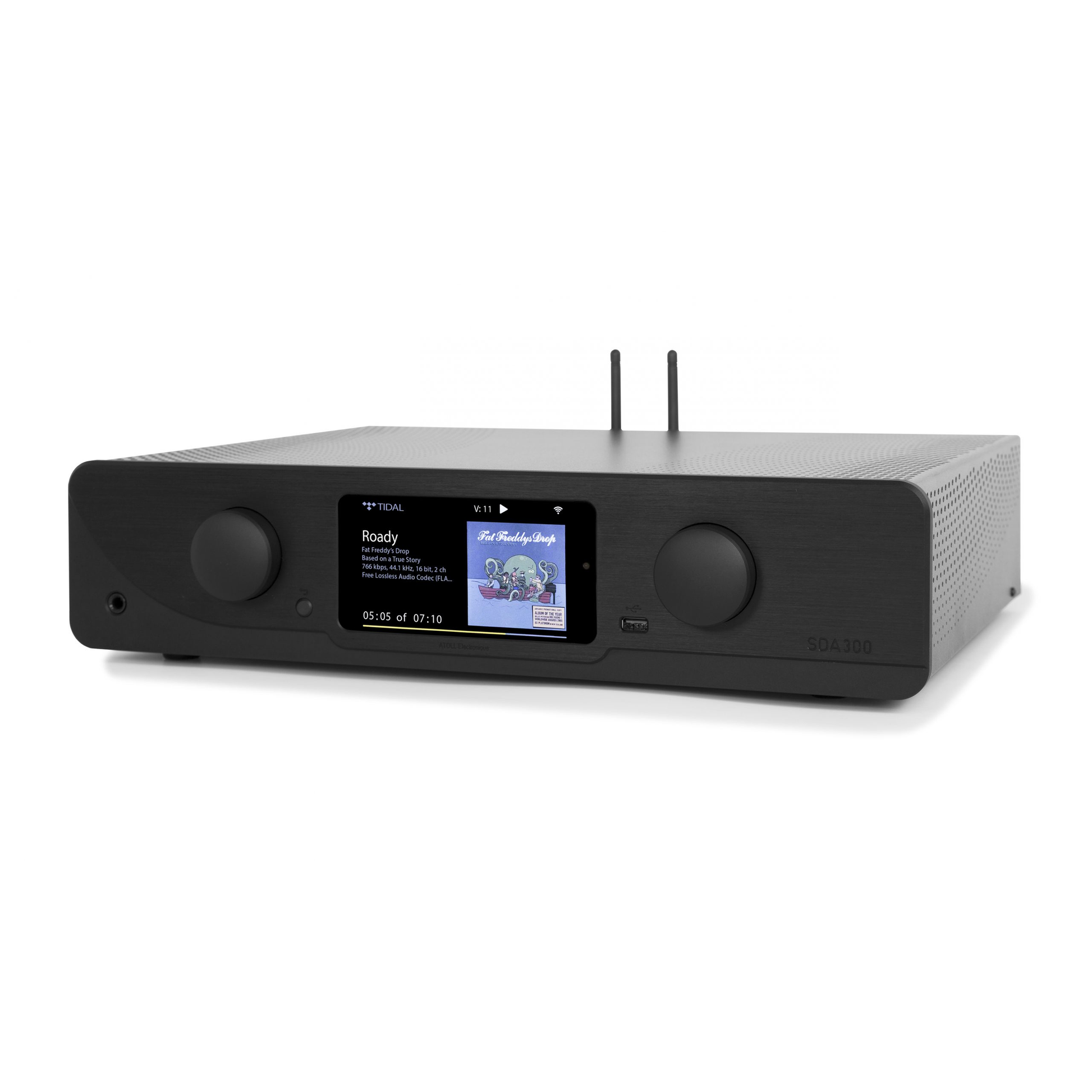 Atoll SDA300 Signature Streaming-Verstärker Schwarz Schrägansicht mit Farbdisplay und Lautstärkeregler
