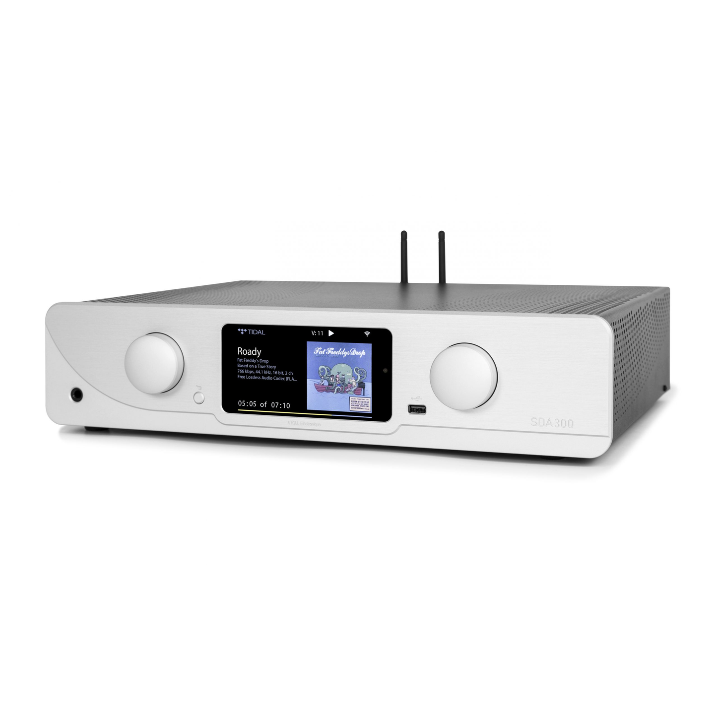 Atoll SDA300 Signature Streaming-Verstärker Silber Schrägansicht mit Farbdisplay und Lautstärkeregler