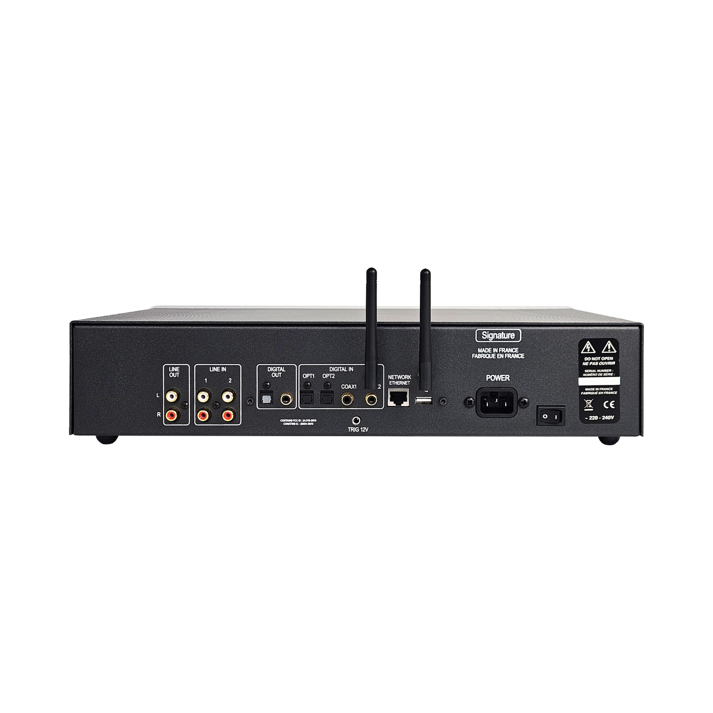Atoll ST200 Signature Netzwerk-Streamer Rückansicht, Anschlussfeld mit Line-Ausgängen, digitalen Eingängen und Antennen