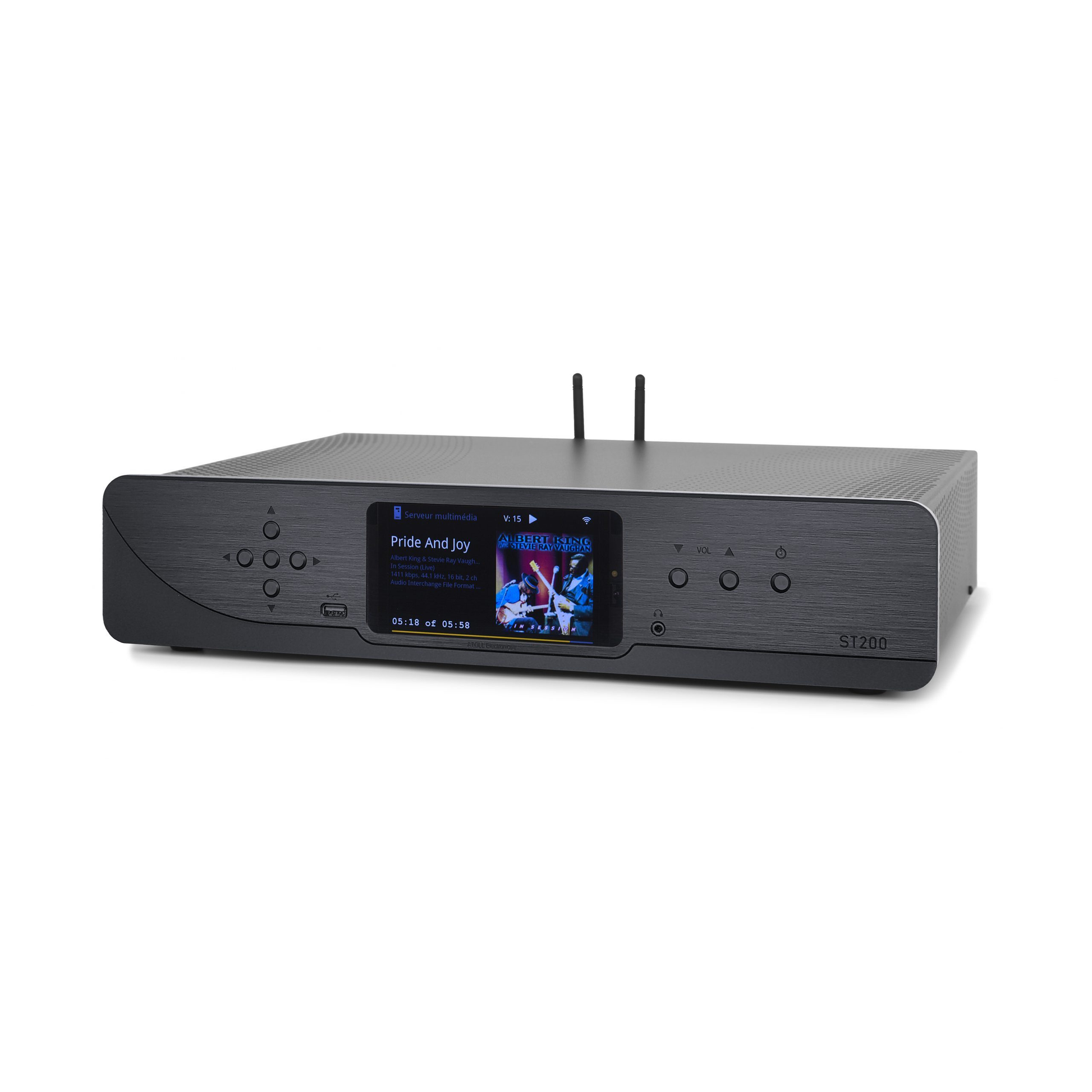 Atoll ST200 Signature Netzwerk-Streamer Schwarz Schrägansicht mit Farbdisplay und zwei WLAN-Antennen