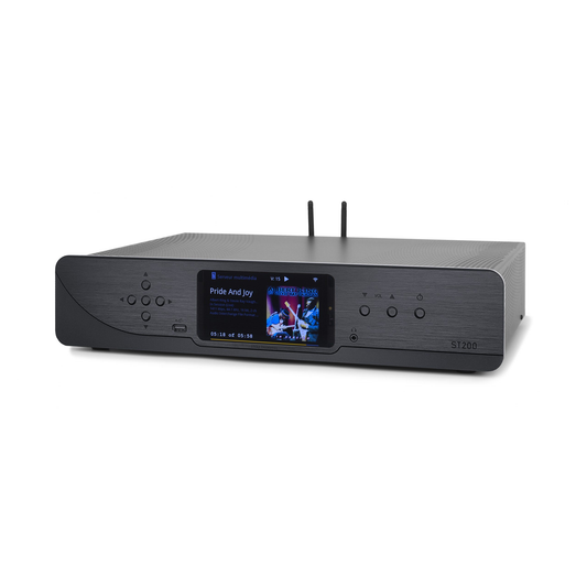 Atoll ST200 Signature Netzwerk-Streamer Schwarz Schrägansicht mit Farbdisplay und zwei WLAN-Antennen