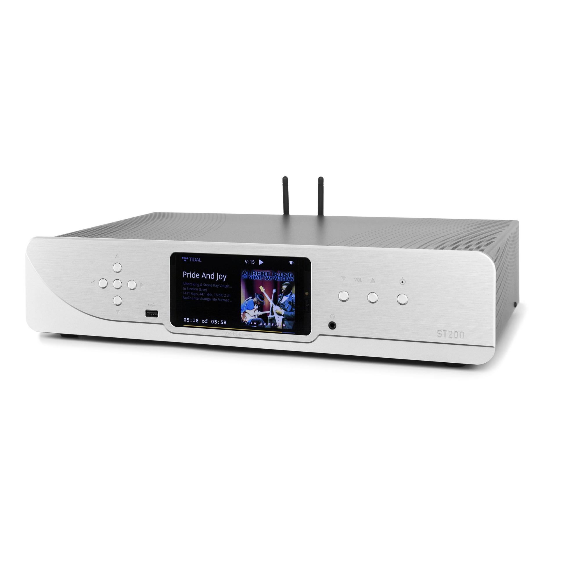 Atoll ST200 Signature Netzwerk-Streamer Silber Schrägansicht mit Farbdisplay und zwei WLAN-Antennen