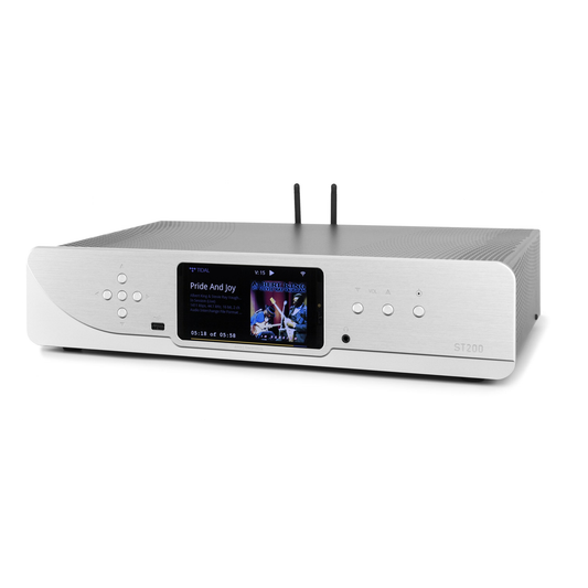 Atoll ST200 Signature Netzwerk-Streamer Silber Schrägansicht mit Farbdisplay und zwei WLAN-Antennen