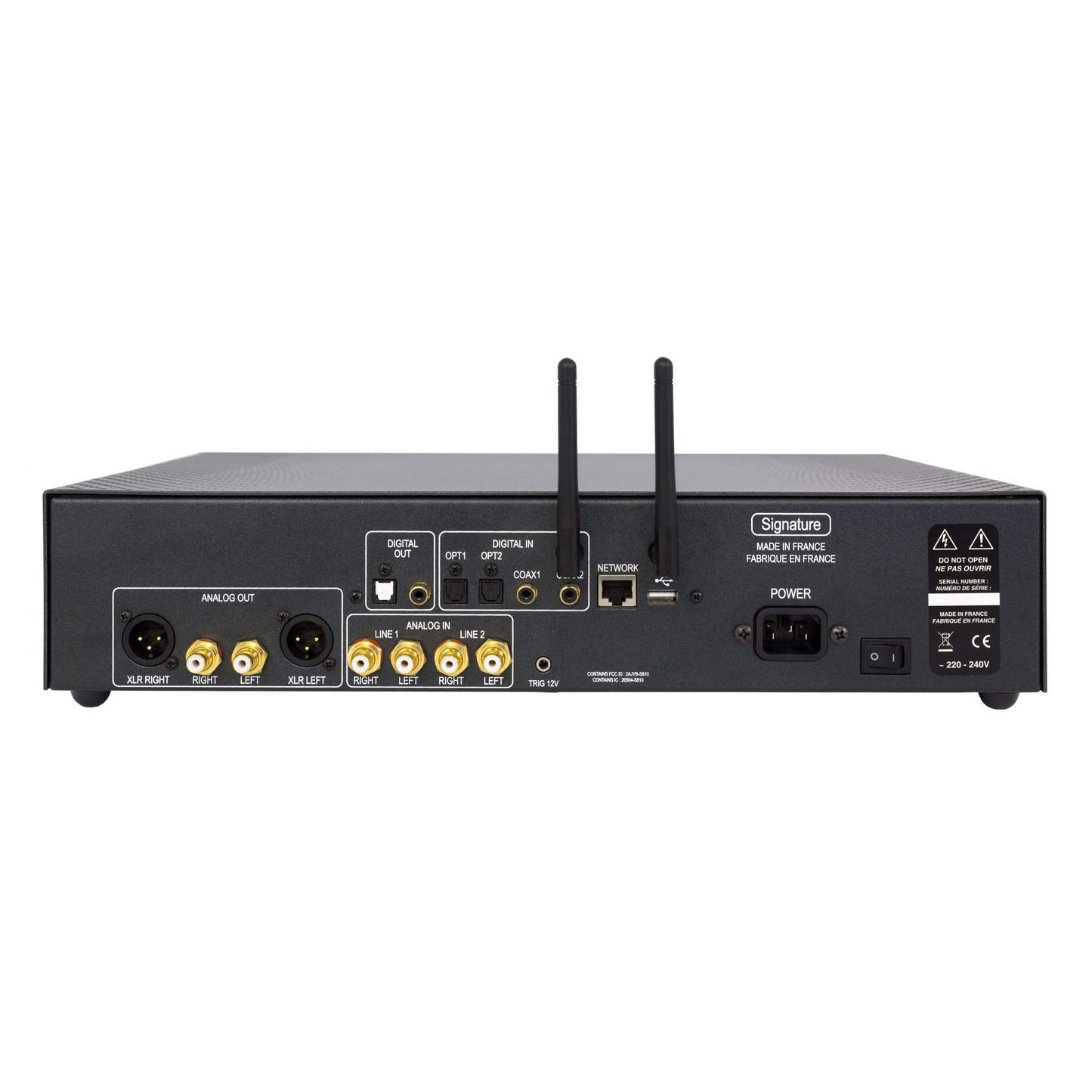 Atoll ST300 Signature Netzwerk-Streamer Rückansicht mit XLR- und Cinch-Ausgängen, Digitaleingängen und Netzwerkanschluss