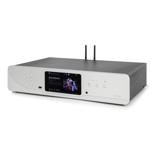Atoll ST300 Signature Netzwerk-Streamer Silber Schrägansicht mit Farbdisplay und WLAN-Antennen