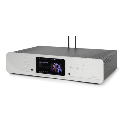 Atoll ST300 Signature Netzwerk-Streamer Silber Schrägansicht mit Farbdisplay und WLAN-Antennen