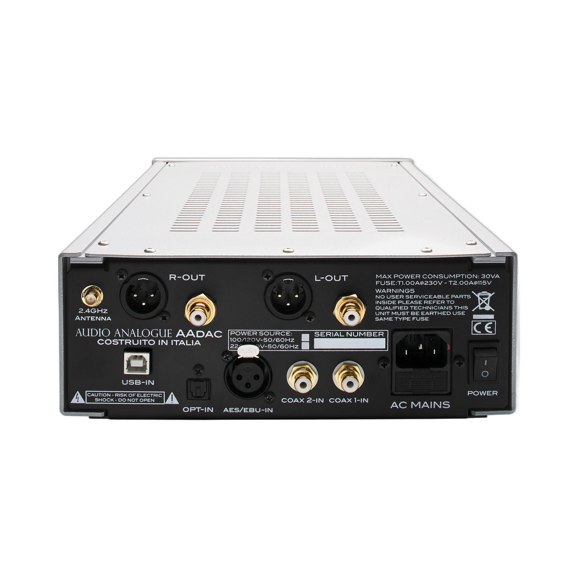 Audio Analogue AADac D/A-Wandler, Anschlussfeld mit USB-B, Toslink, AES/EBU, Koaxial, XLR und Cinch