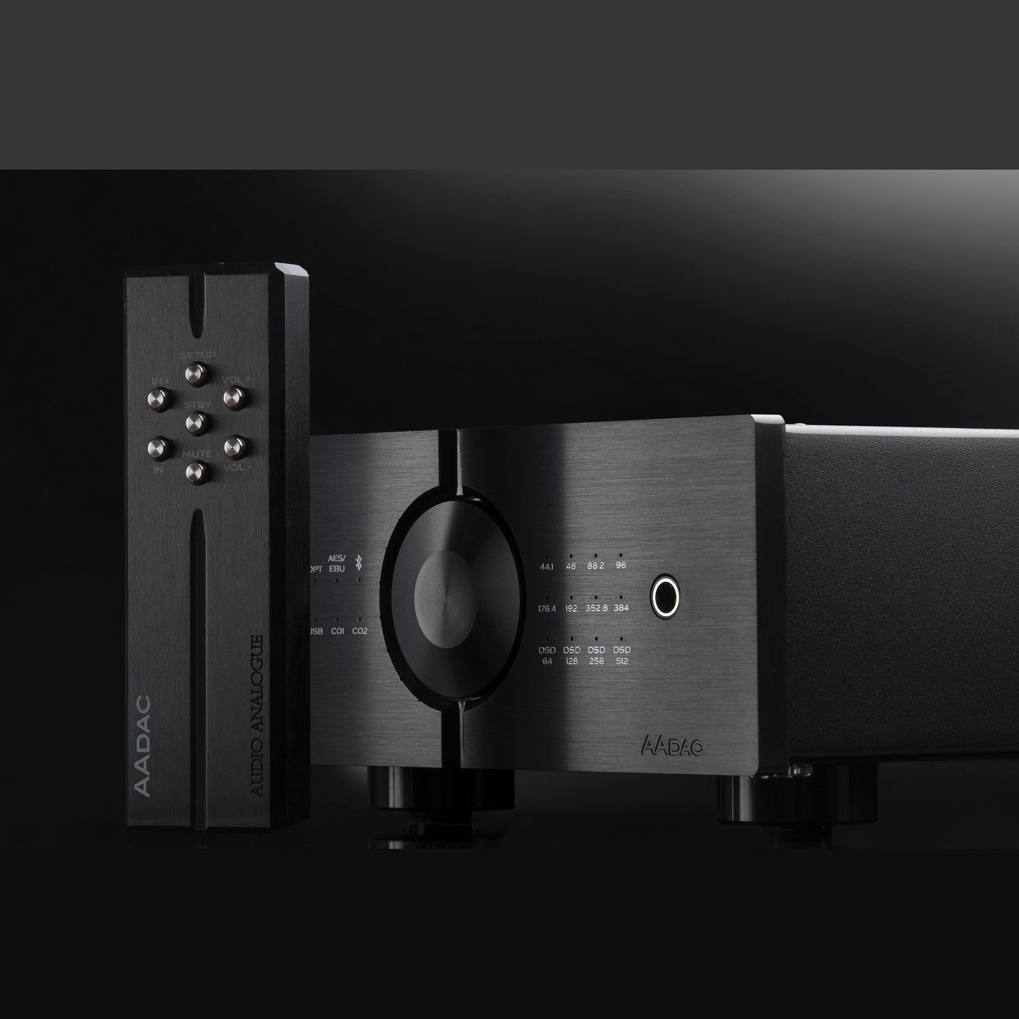 Audio Analogue AADac D/A-Wandler Schwarz, Fernbedienung aufgestellt neben der Frontblende