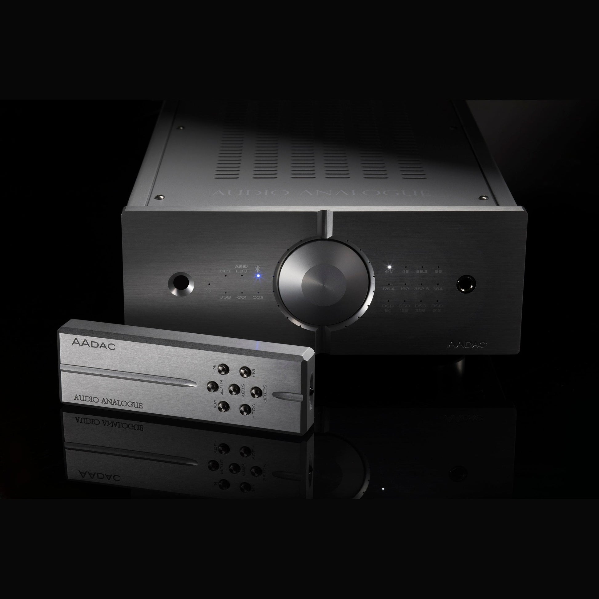 Audio Analogue AADac D/A-Wandler Schwarz, Fernbedienung vor der Frontblende, Bluetooth-Anzeige leuchtet