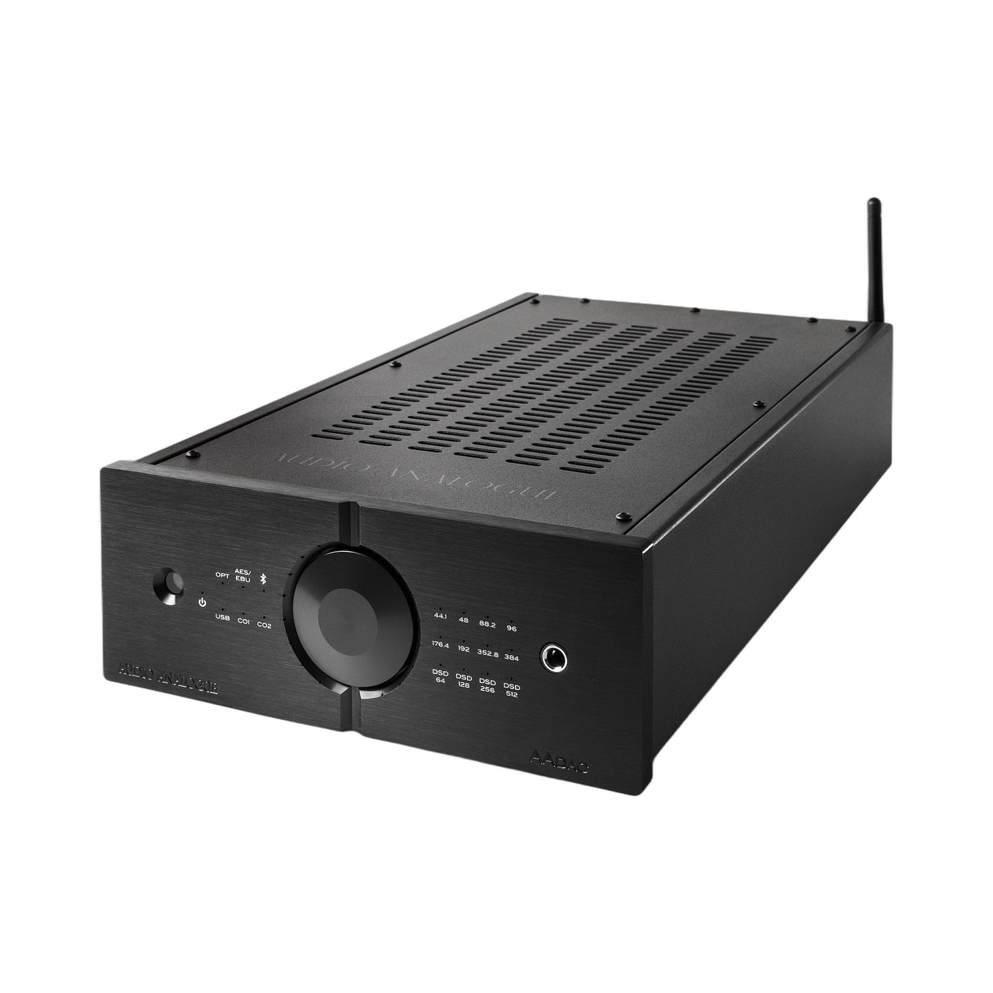 Audio Analogue AADac D/A-Wandler Schwarz, Schrägansicht mit Bluetooth-Antenne und Kopfhörerbuchse