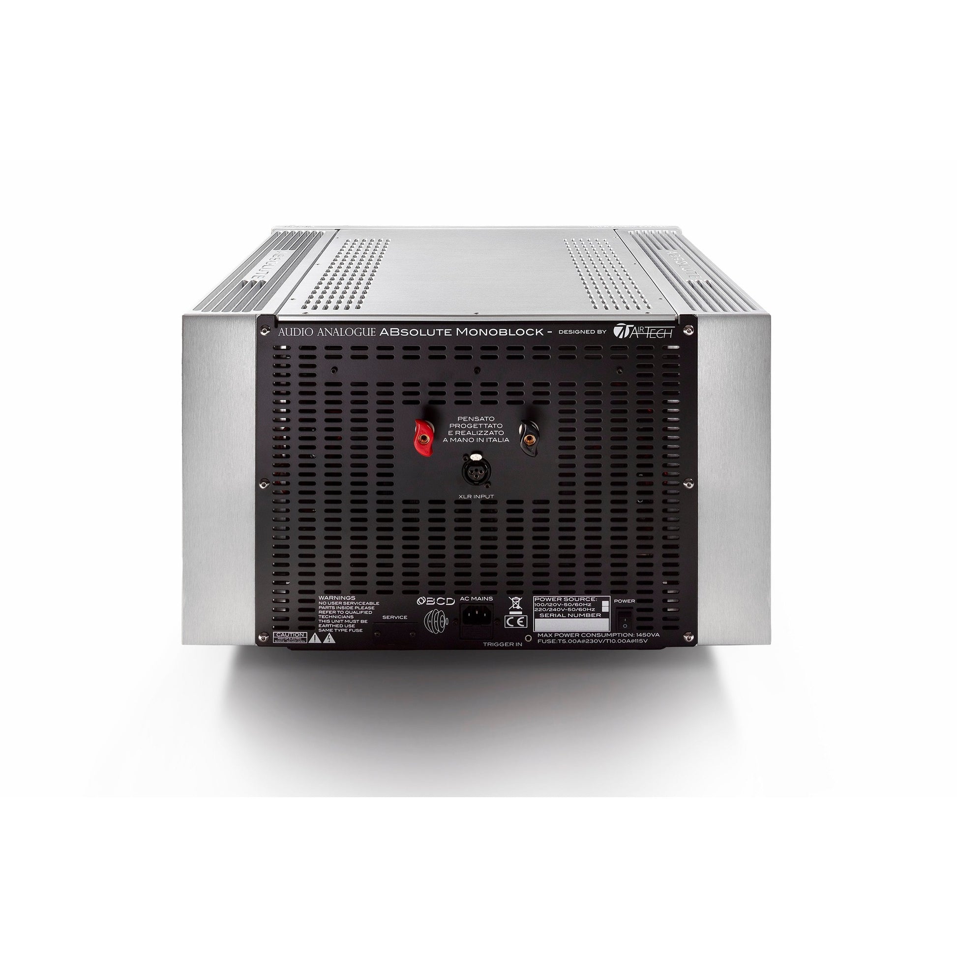 Audio Analogue ABsolute PA Mono Endstufe, Rückansicht mit Lautsprecherklemmen, XLR-Eingang und Netzanschluss