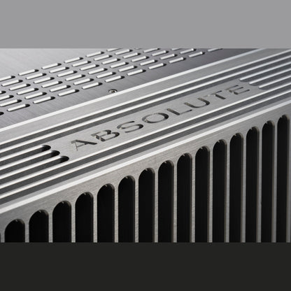 Audio Analogue ABsolute PA Mono Endstufe Silber, Detailansicht der Deckelgravur ABsolute über den Kühlrippen