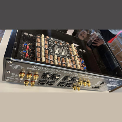 Audio Analogue ABsolute Preamplifier Vorverstärker, Anschlussfeld mit Cinch- und XLR-Buchsen, Platine sichtbar