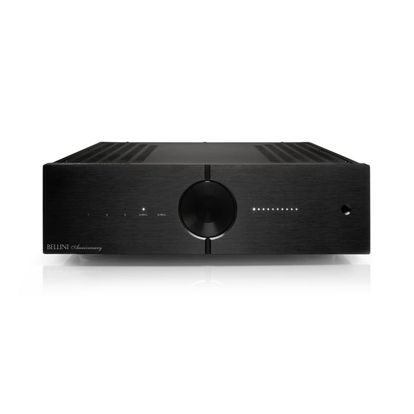 Audio Analogue Bellini Anniversary Vorverstärker schwarz, Frontansicht mit Lautstärkeregler und Eingangs-LEDs