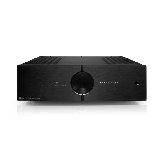 Audio Analogue Bellini Anniversary Vorverstärker schwarz, Frontansicht mit Lautstärkeregler und Eingangs-LEDs
