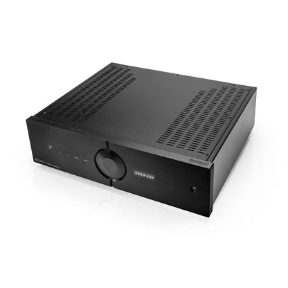 Audio Analogue Bellini Anniversary Vorverstärker schwarz, Schrägansicht von links oben mit gelochtem Deckel
