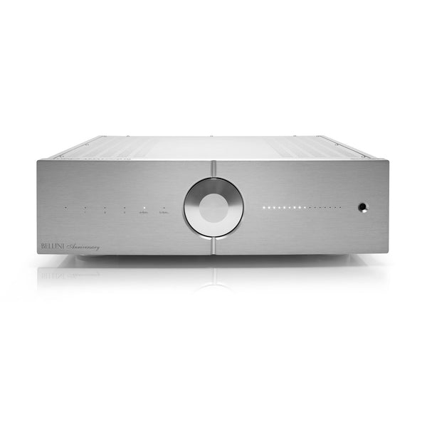 Audio Analogue Bellini Anniversary Vorverstärker silber, Frontansicht mit Lautstärkeregler und Eingangs-LEDs
