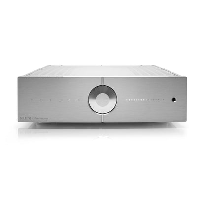 Audio Analogue Bellini Anniversary Vorverstärker silber, Frontansicht mit Lautstärkeregler und Eingangs-LEDs