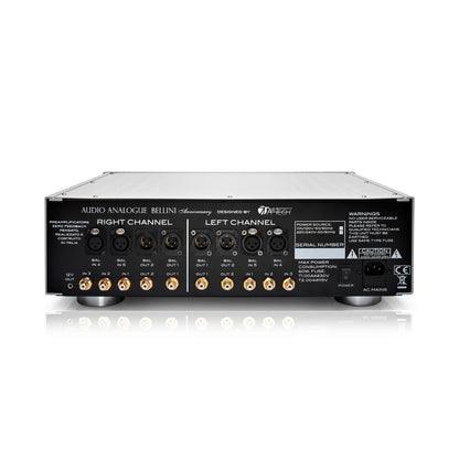 Audio Analogue Bellini Anniversary Vorverstärker Silber, Rückansicht mit XLR- und Cinch-Ein- und -Ausgängen