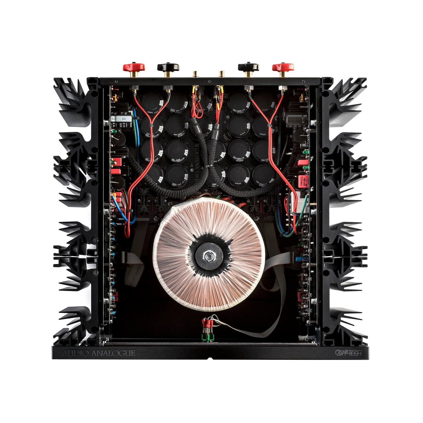 Audio Analogue Donizetti Anniversary Stereo-Endverstärker, Innenansicht von oben mit Ringkerntrafo und Polklemmen