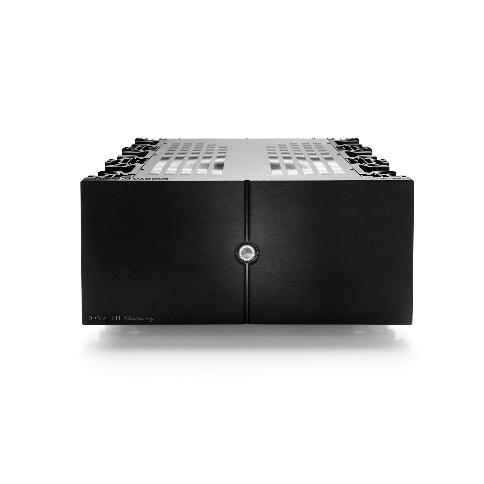 Audio Analogue Donizetti Anniversary Stereo-Endverstärker Schwarz, Frontansicht mit zentralem Einschalttaster