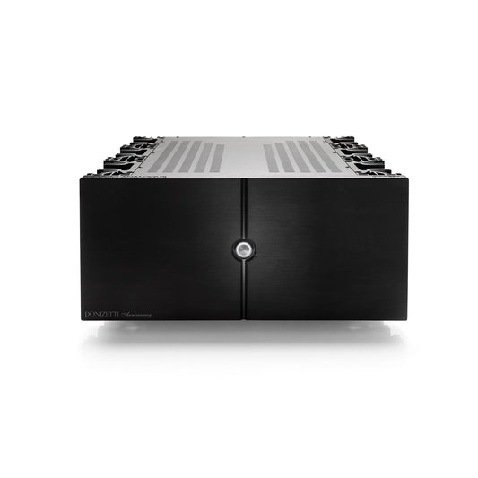 Audio Analogue Donizetti Anniversary Stereo-Endverstärker Schwarz, Frontansicht mit zentralem Einschalttaster