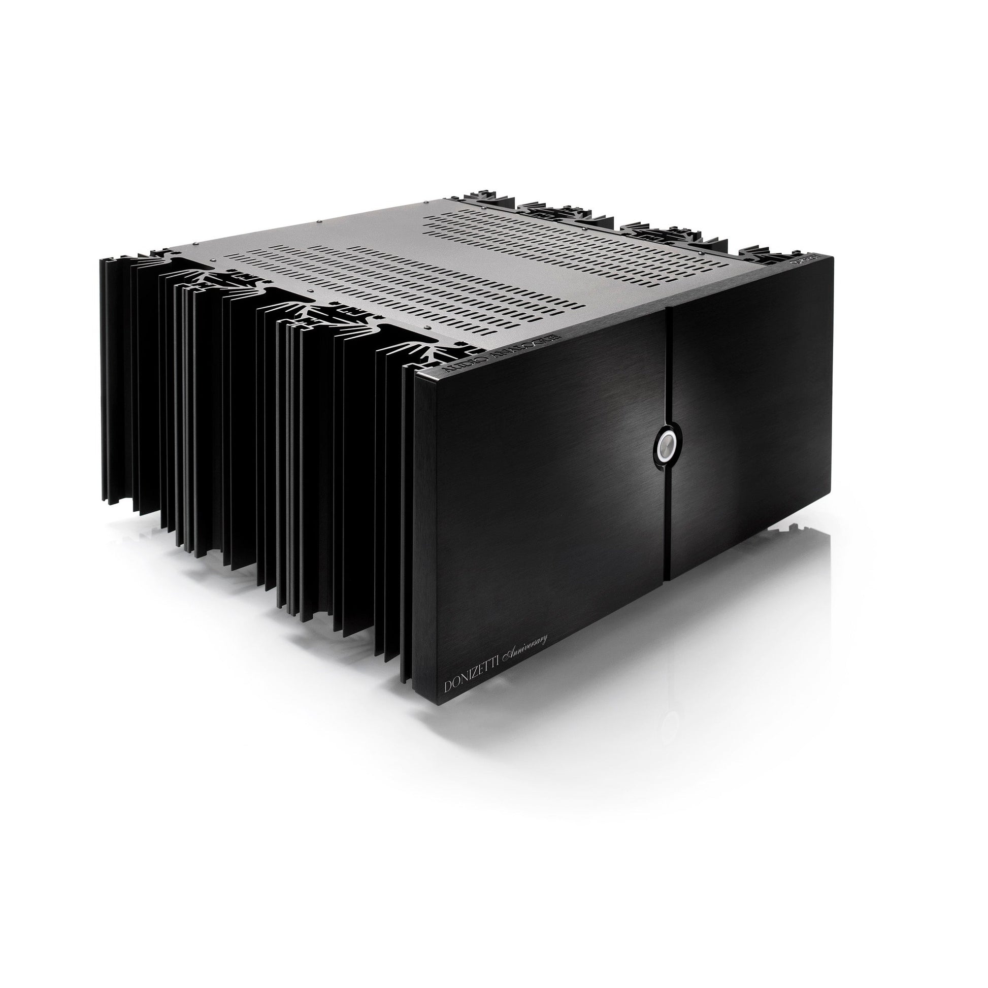 Audio Analogue Donizetti Anniversary Stereo-Endverstärker Schwarz, Schrägansicht mit seitlichen Kühlkörpern