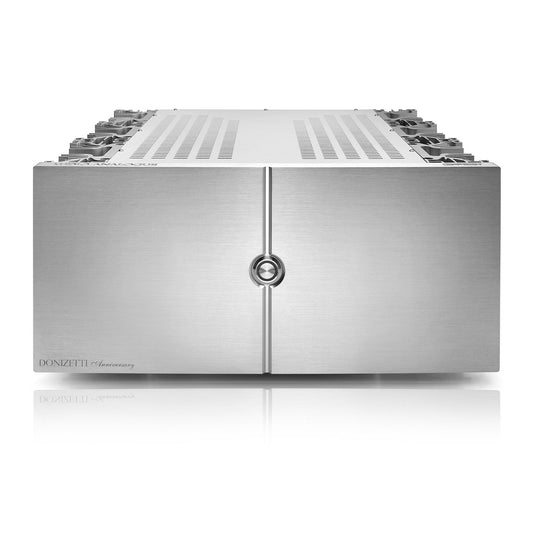 Audio Analogue Donizetti Anniversary Stereo-Endverstärker Silber, Frontansicht mit zentralem Einschalttaster