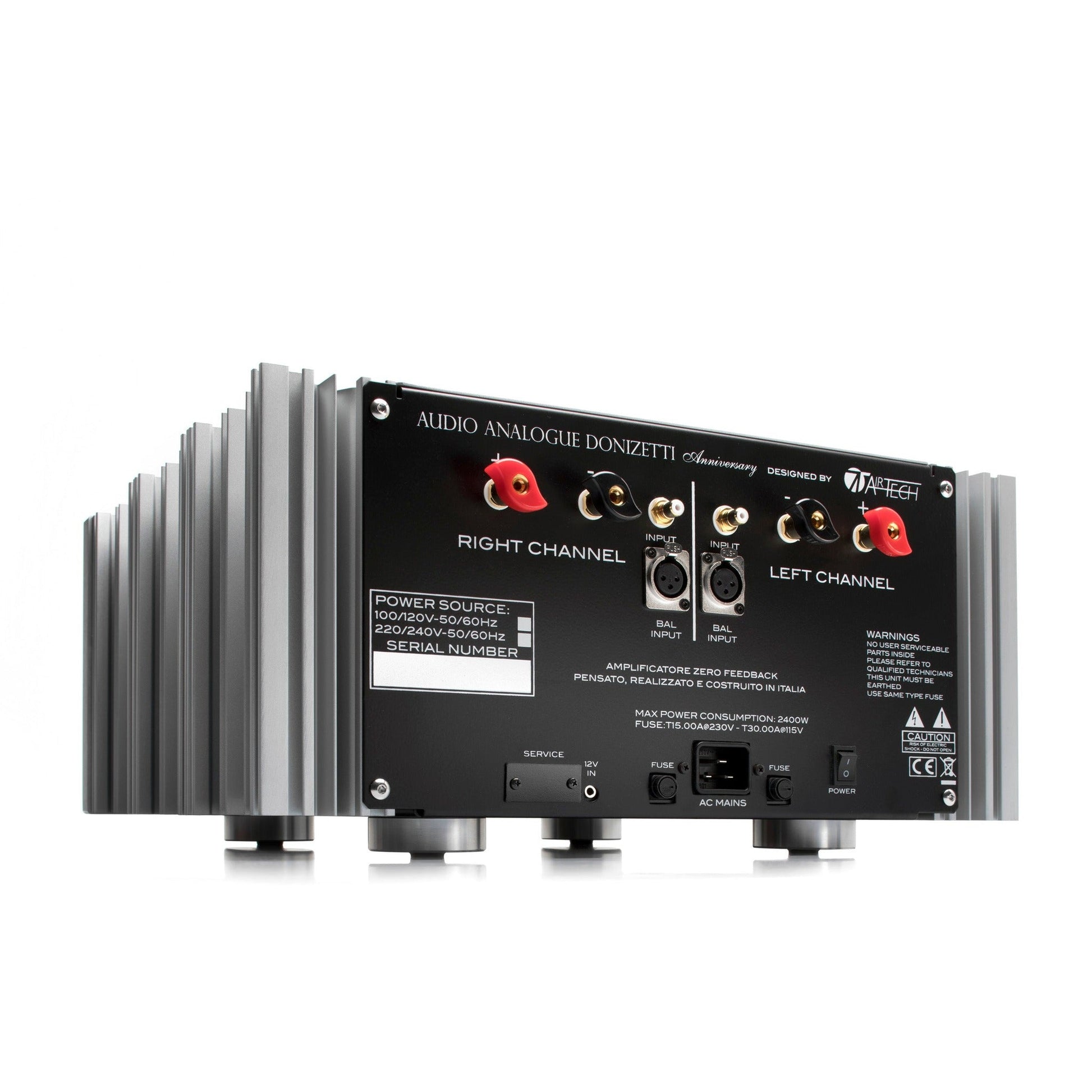 Audio Analogue Donizetti Anniversary Stereo-Endverstärker Silber, Rückansicht mit Polklemmen und XLR-Eingang