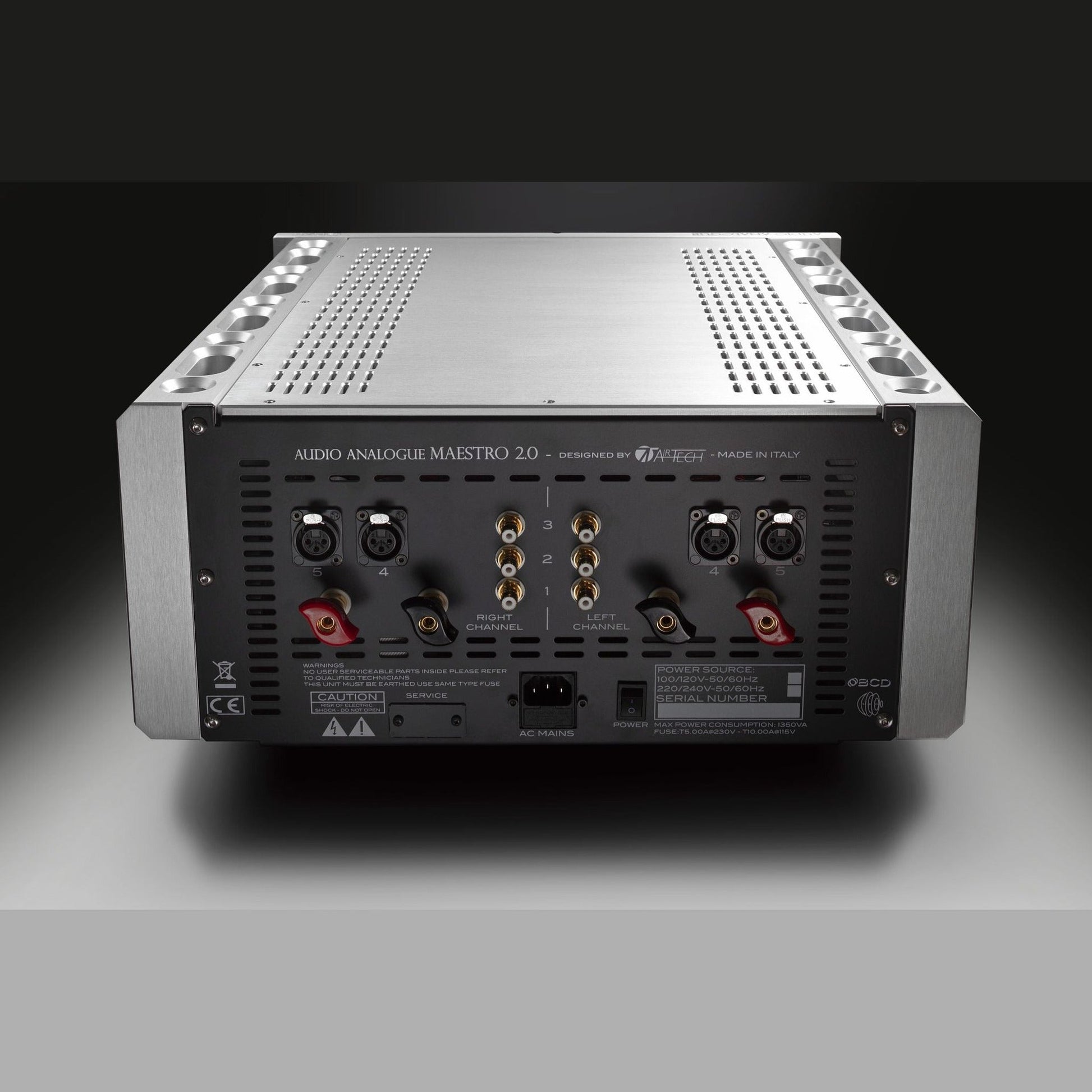Audio Analogue Maestro Anniversary 2.0 Vollverstärker Silber, Anschlussfeld mit XLR-Buchsen und Kaltgerätebuchse
