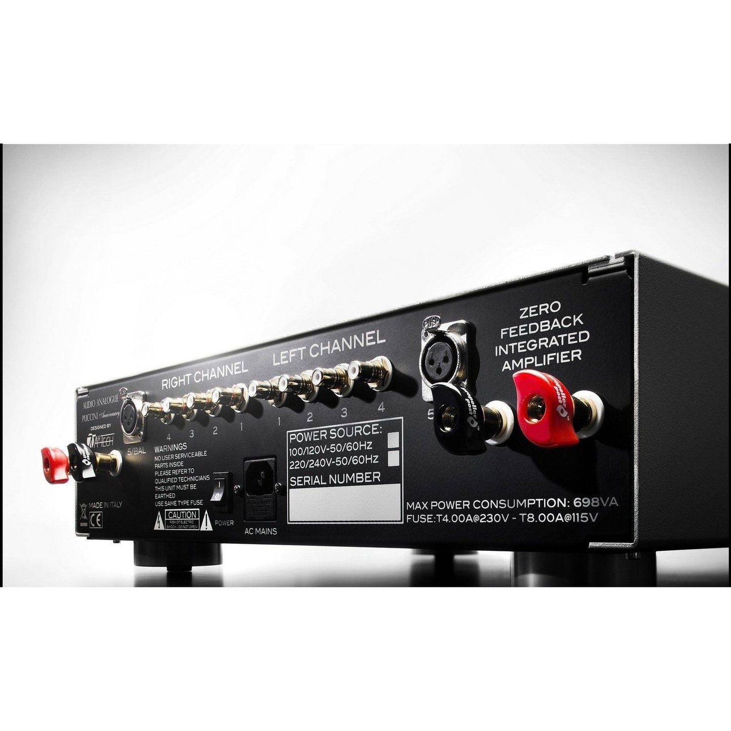 Audio Analogue Puccini Anniversary Vollverstärker Schwarz, Anschlussfeld mit Cinch- und XLR-Eingängen