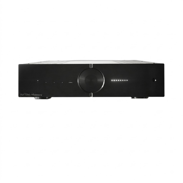 Audio Analogue Puccini Anniversary Vollverstärker Schwarz Frontansicht mit Lautstärkeregler und LED-Kette
