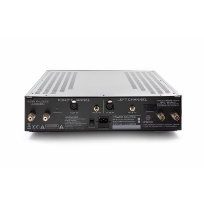 Audio Analogue Pure AA100DM Stereo-Endverstärker, Rückansicht mit XLR- und Cinch-Eingängen, Lautsprecherklemmen