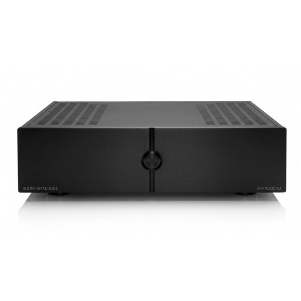 Audio Analogue Pure AA100DM Stereo-Endverstärker Schwarz, Frontansicht schräg von oben mit Lüftungsschlitzen und Bedienknopf