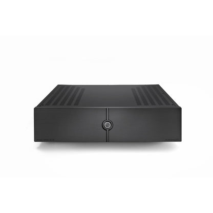 Audio Analogue Pure AA100DM Stereo-Endverstärker Schwarz, Frontansicht mit mittigem Betriebsschalter