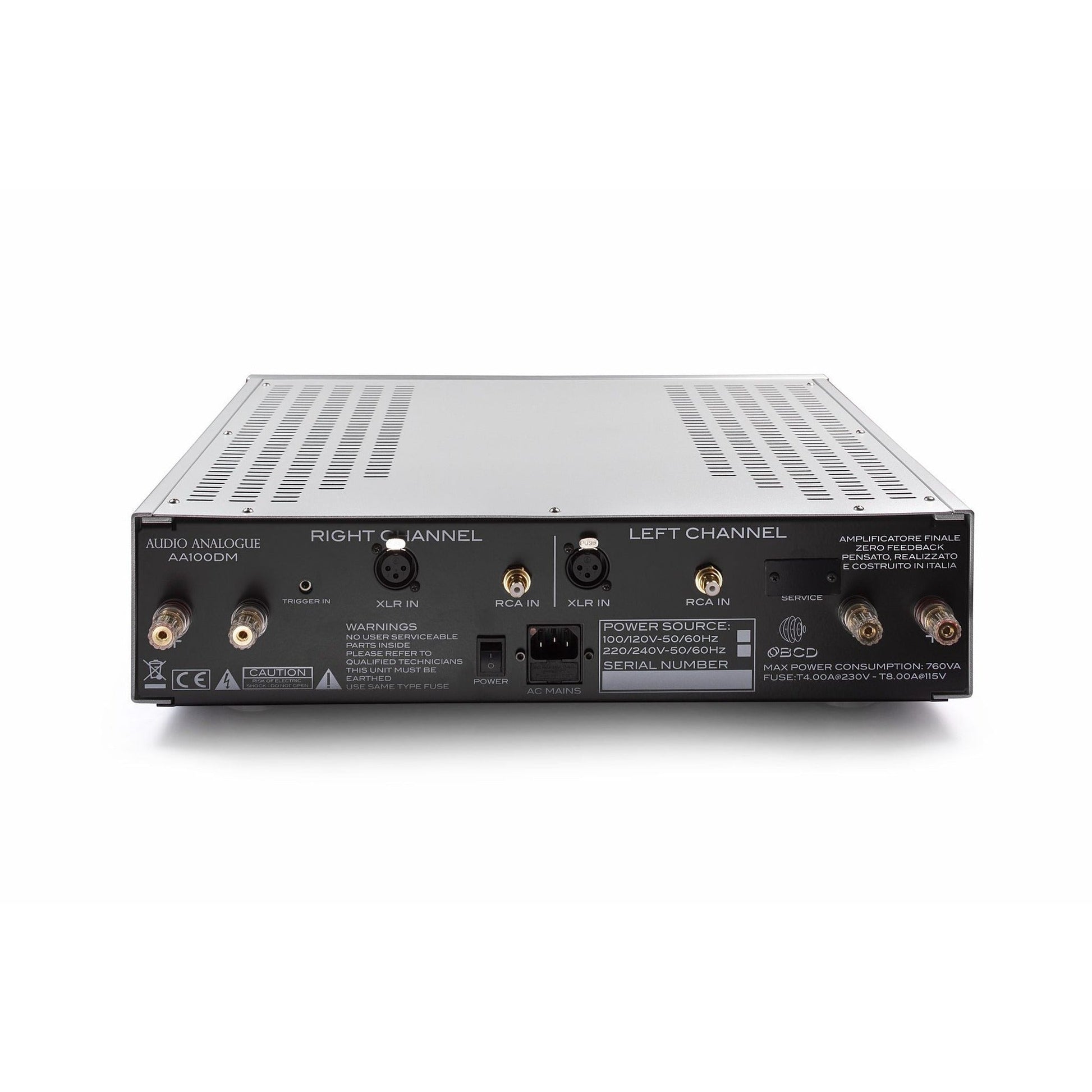 Audio Analogue Pure AA100DM Stereo-Endverstärker Silber, Rückansicht mit XLR- und Cinch-Eingängen, Lautsprecherklemmen