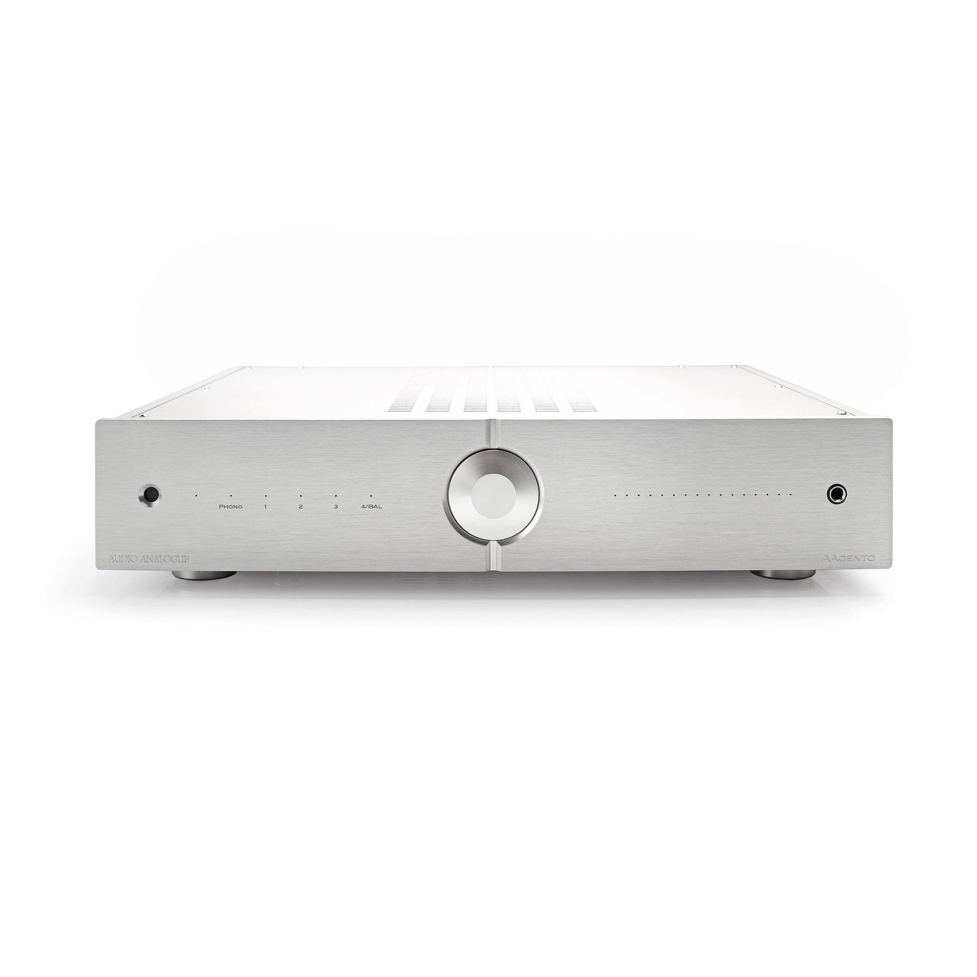 Audio Analogue Pure AACento Vollverstärker Silber, Frontansicht mit Lautstärkeregler und Kopfhörerausgang