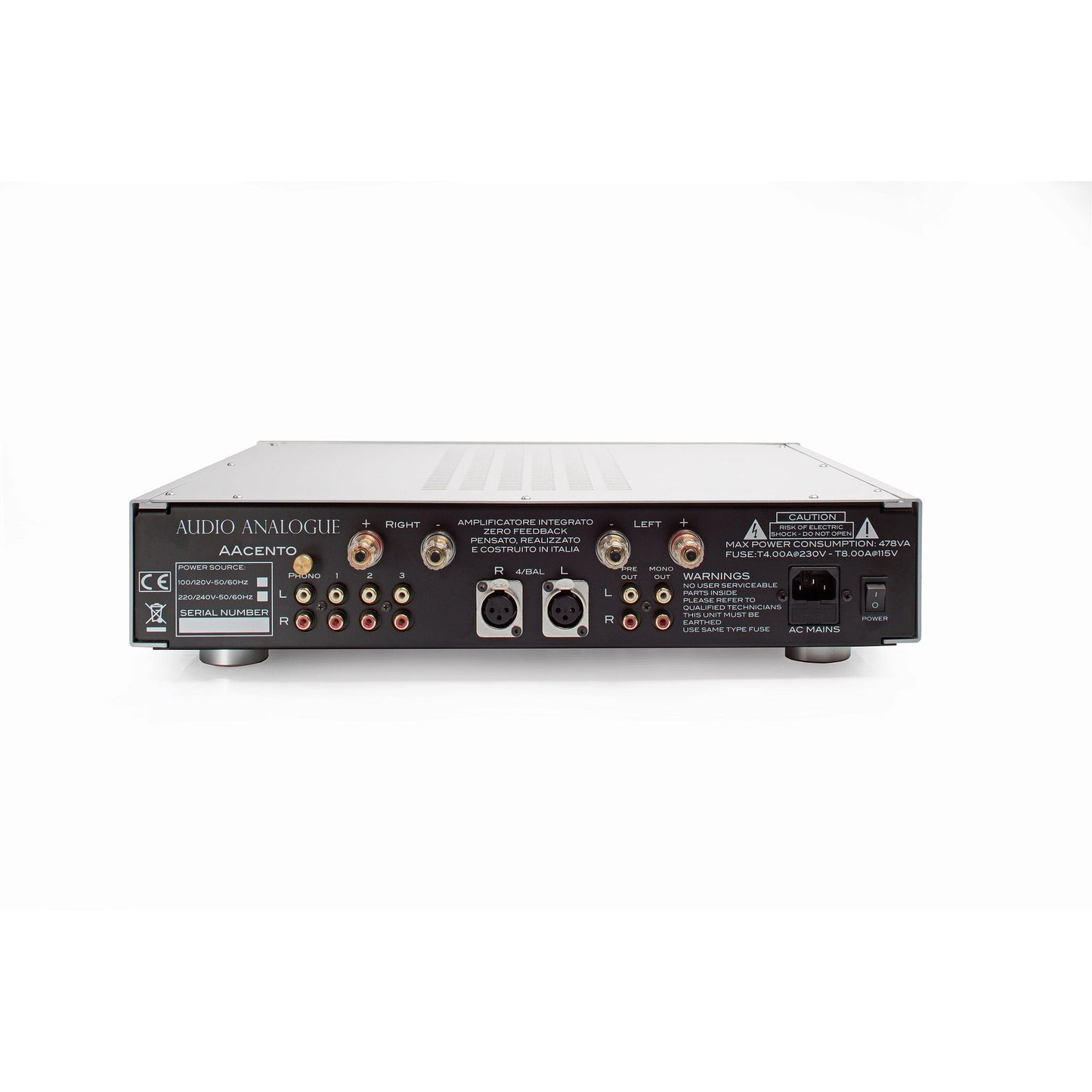 Audio Analogue Pure AACento Vollverstärker Silber, Rückansicht mit Cinch-, XLR- und Phono-Eingängen, Lautsprecherklemmen