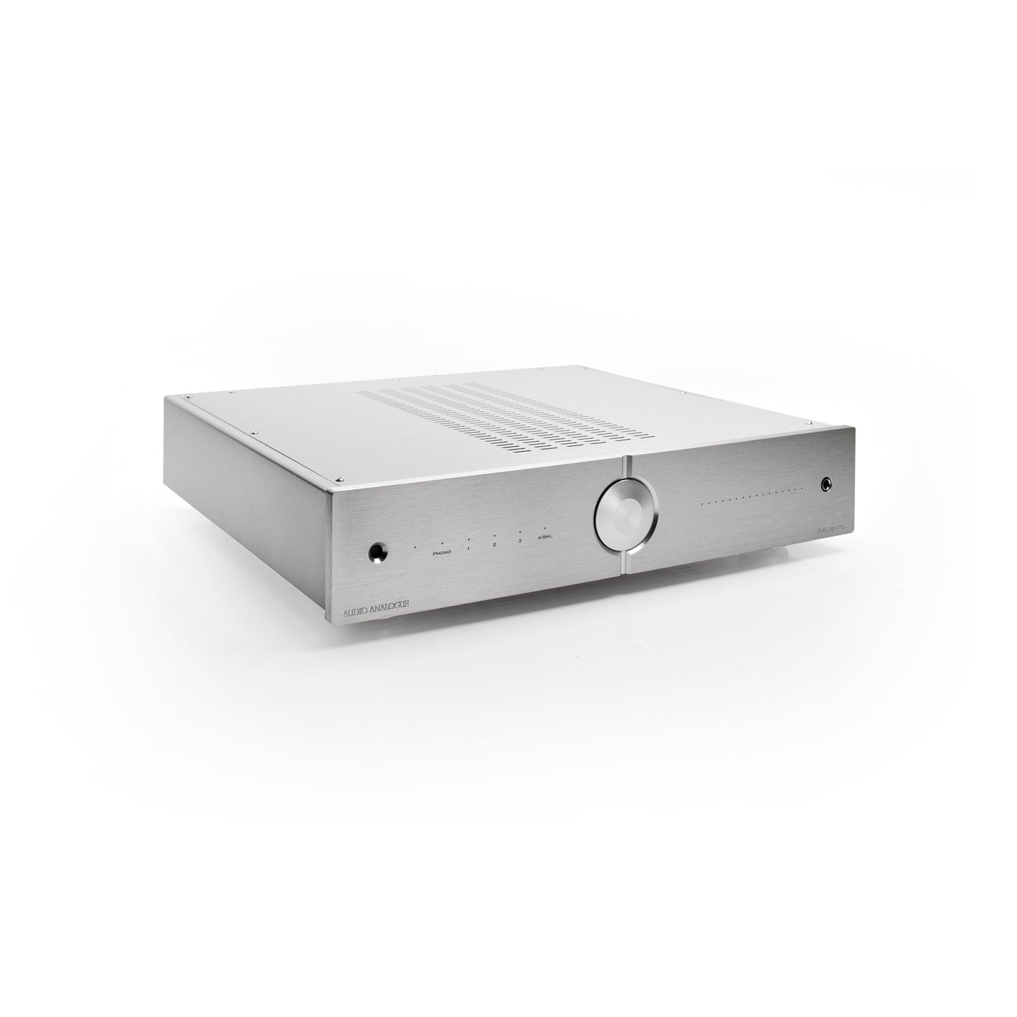 Audio Analogue Pure AACento Vollverstärker Silber, Schrägansicht von vorne oben mit Lüftungsschlitzen