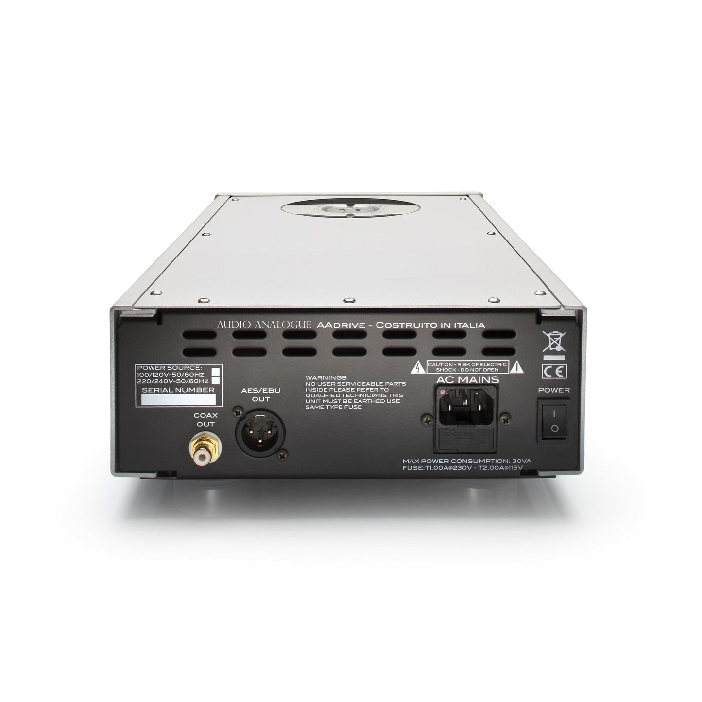 Audio Analogue Pure AADrive CD-Laufwerk, Rückansicht mit Koaxial- und AES/EBU-Digitalausgang