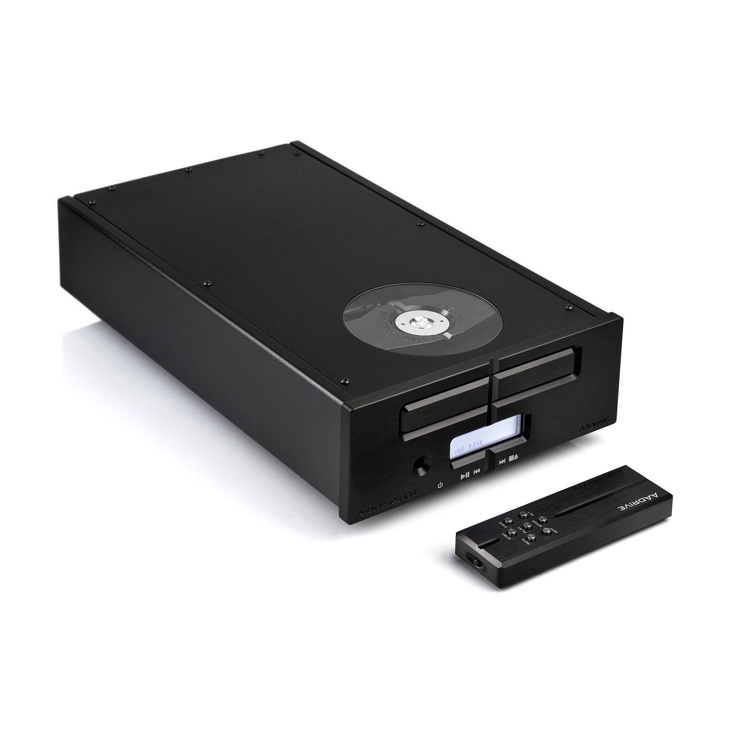 Audio Analogue Pure AADrive CD-Laufwerk schwarz, Schrägansicht mit Fernbedienung